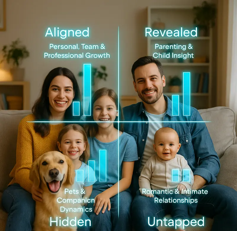 Family on couch with Four Corners of Discovery results overlay showing Aligned, Revealed, Hidden, and Untapped quadrants with topic results