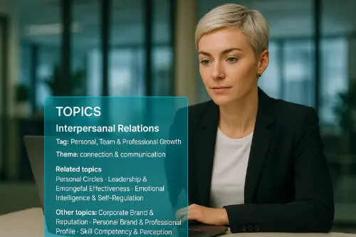 Step 1: Choose a feedback topic - Woman viewing Interpersonal Relations topics including Personal Circles, Leadership, and Emotional Intelligence