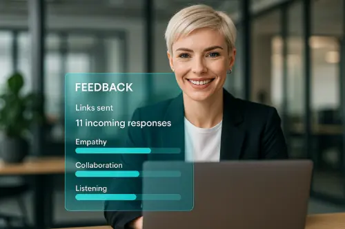 Step 3: Share feedback link - 11 incoming responses showing Empathy, Collaboration, and Listening progress