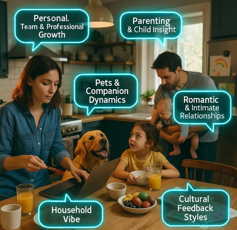 Family in kitchen with feedback topics: Personal, Team & Professional Growth, Parenting & Child Insight, Pets & Companion Dynamics, Romantic & Intimate Relationships, Household Vibe, Cultural Feedback Styles