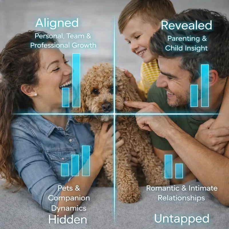 Four Corners of Discovery results showing a family with Aligned, Revealed, Hidden, and Untapped quadrants mapped to feedback themes like Personal Growth, Parenting, Pets, and Romantic Relationships